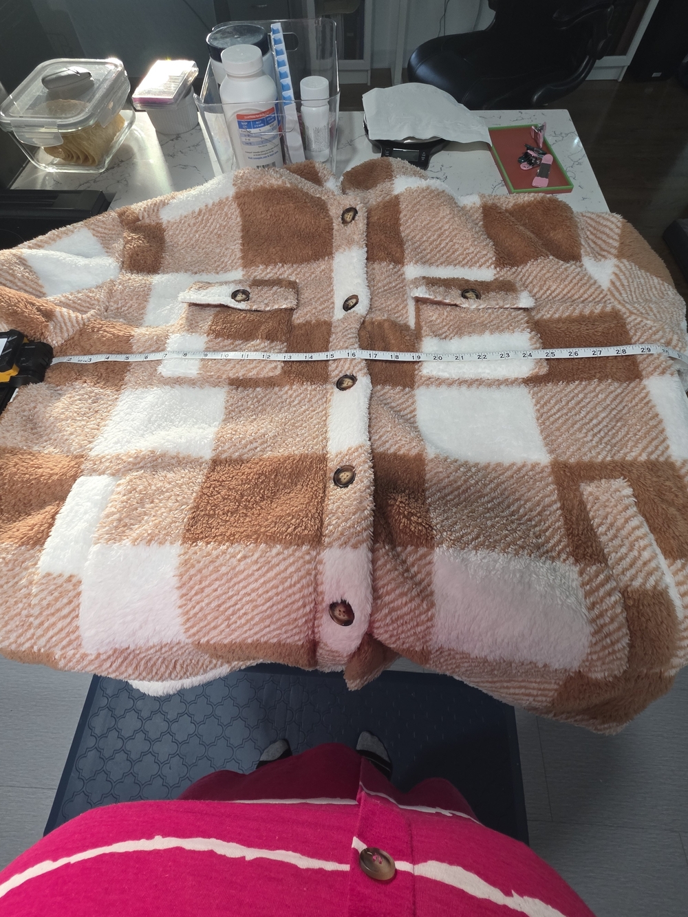 White Mark Plush Plaid Shacket in White and Camel - Picture 5 of 8
